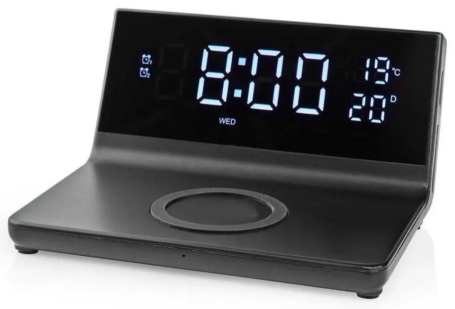 Nedis WCACQ20BK - Budík s LCD displejom a bezdrôtovú nabíjačkou 15W/5V čierna