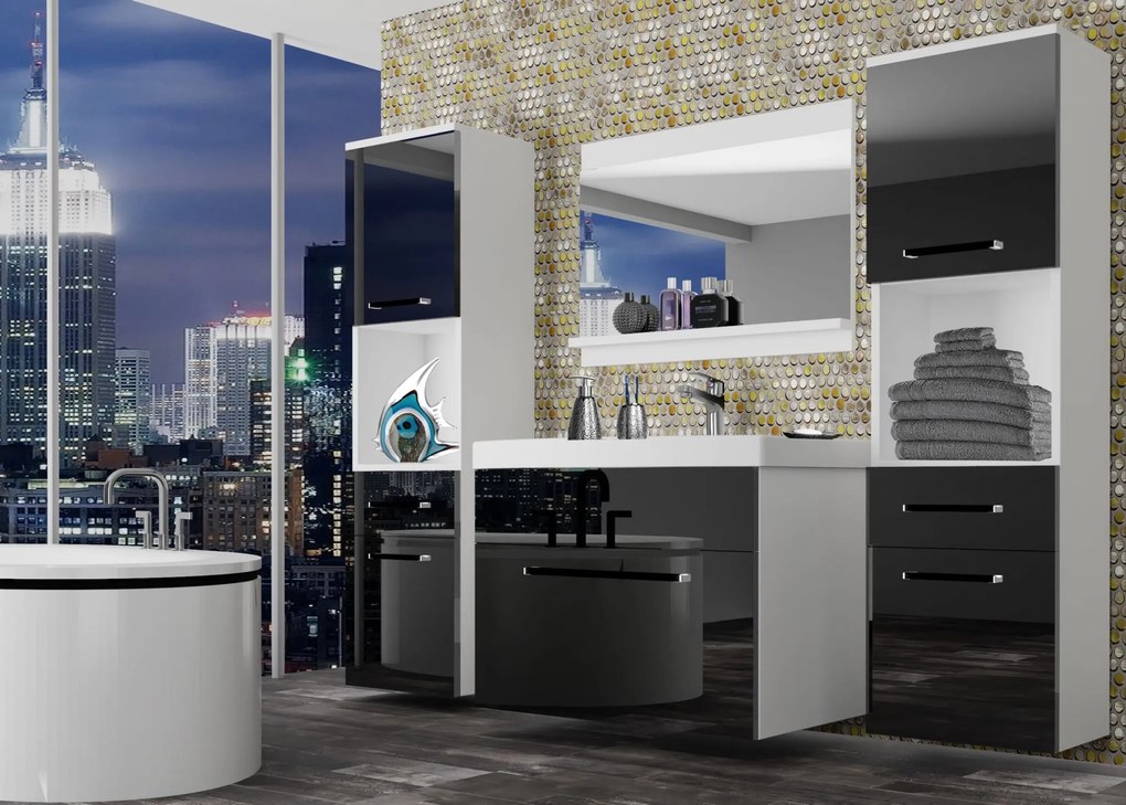 Kúpeľňový nábytok Belini čierny lesk + umývadlo + zrkadlo ROD P 6/0/W/B/0/ZW