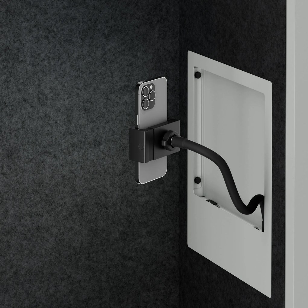 Kancelárska akustická kabína so sedadlom a portom USB-C, telo v sivý / sedák tmavosivá v zelenej farbe, 1150 mm: SALLY MentalBox