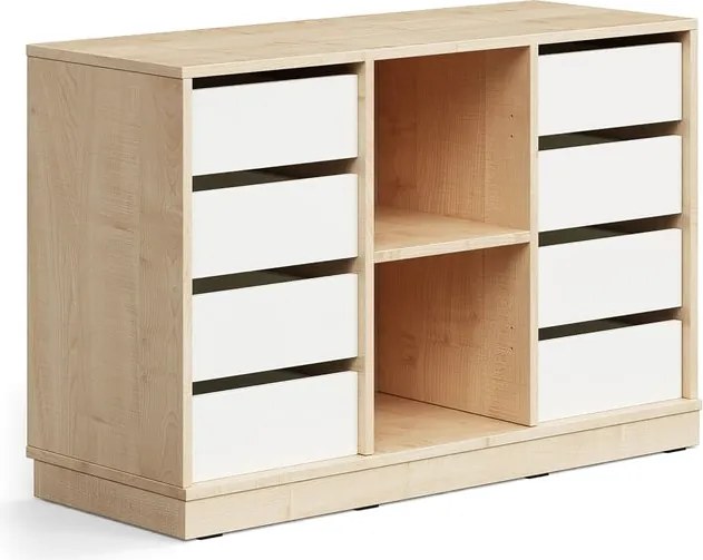 Úložná skrinka CASPER, 8 zásuviek, 2 priehradky, so soklom, breza/biela