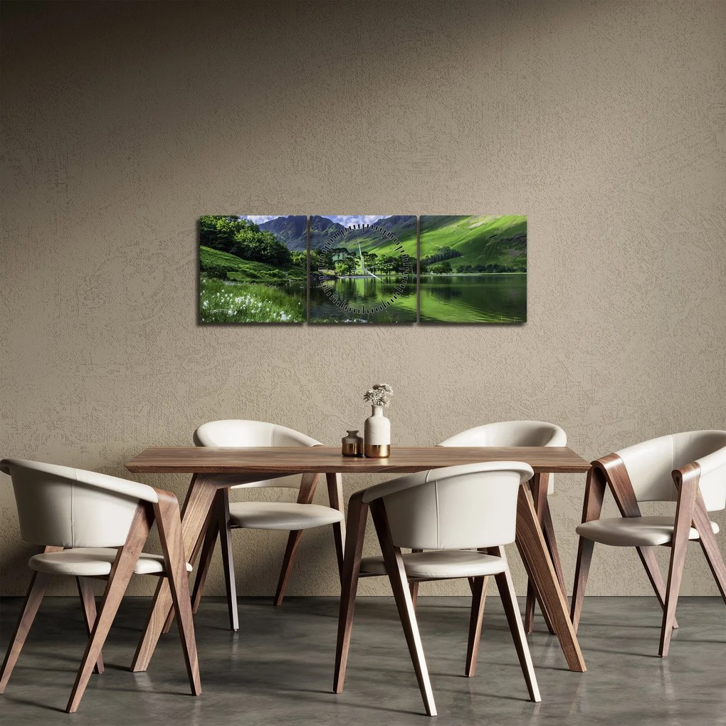 Obraz - Krajina s jazerom (s hodinami) (90x30 cm)