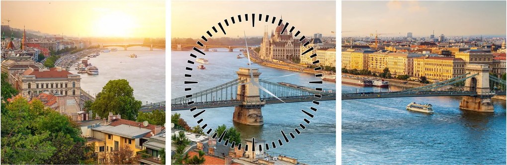 Obraz mesta Budapešť s riekou (s hodinami) (90x30 cm)