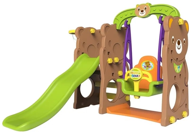 LEAN TOYS Záhradná súprava šmýkačka, hojdačka, kôš medveď hnedý