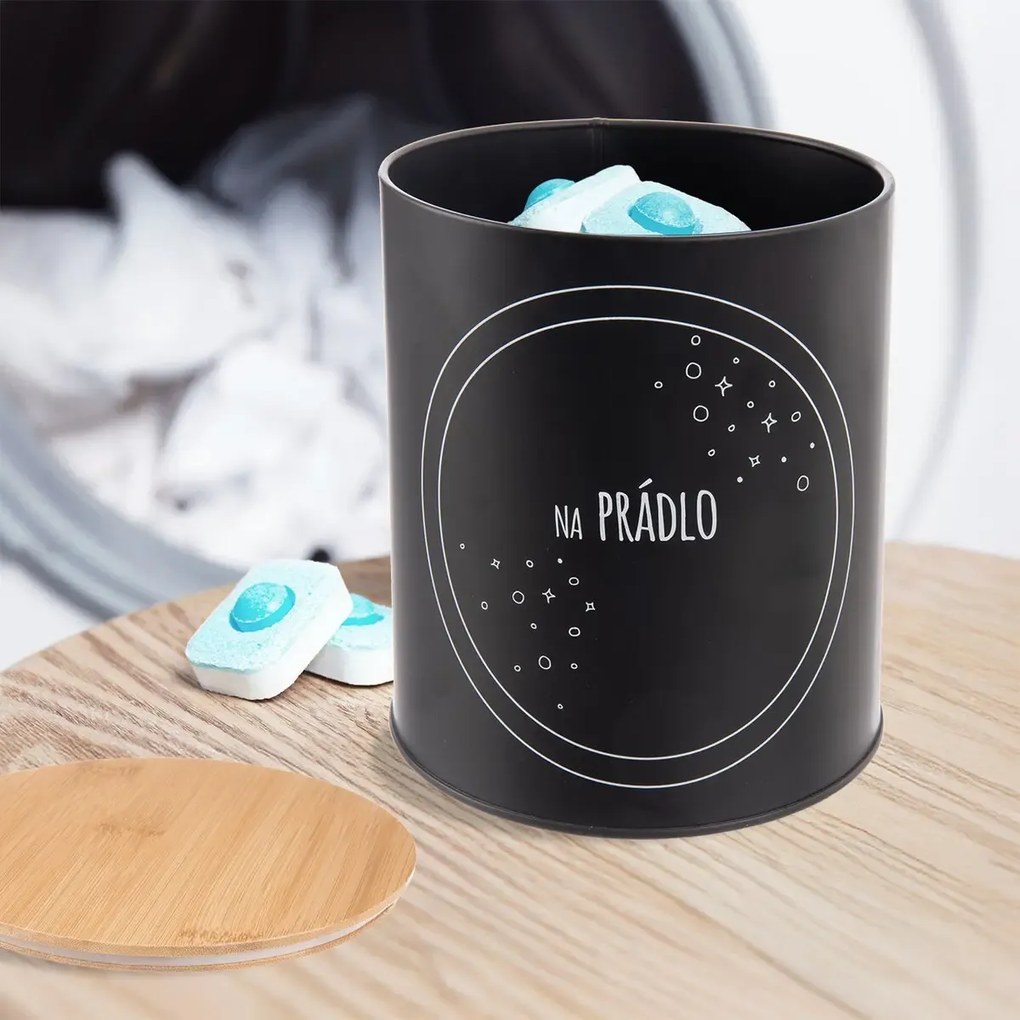 Orion Plechová dóza, čierna, s bambusovým vekom, NA PRÁDLO, 3,3L