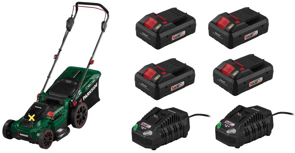 Parkside® Aku kosačka na trávu Prma 40-Li D2 + Smart akumulátor 20 V/4Ah Paps 204 A1, 4 kusy + Nabíjačka 20 V/4,5 A, 2 kusy (800010670)