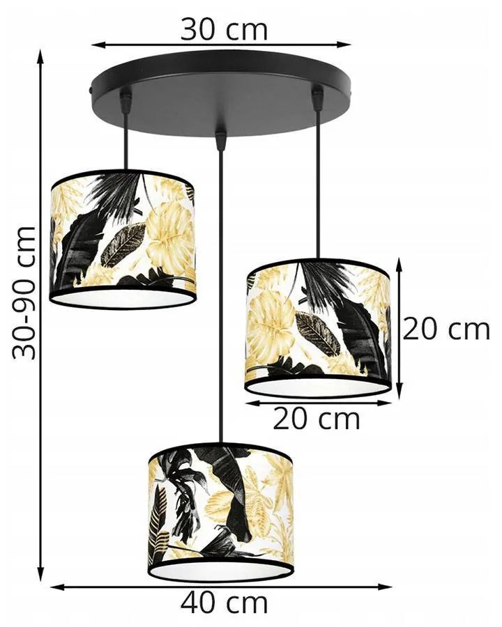 Závesné svietidlo Gold Flowers, 3x biele textilné tienidlo s kvetinovým vzorom, (výber z 2 farieb konštrukcie), o