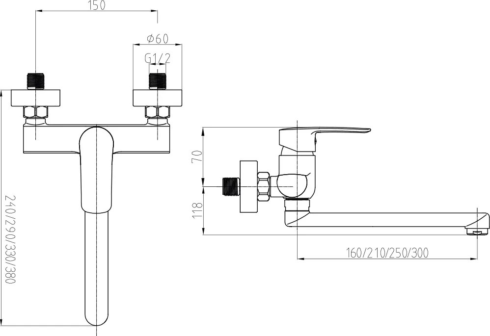 Mereo Pego, drezová nástenná batéria, 150 mm, s ramienkom plochým rovným 250 mm, chróm, MER-CB30201P