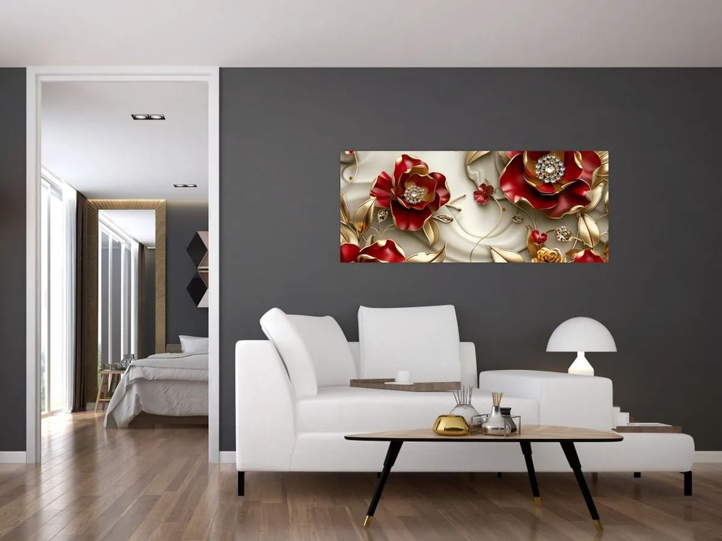 Obraz - 3D Červeno-zlaté kvety (120x50 cm)