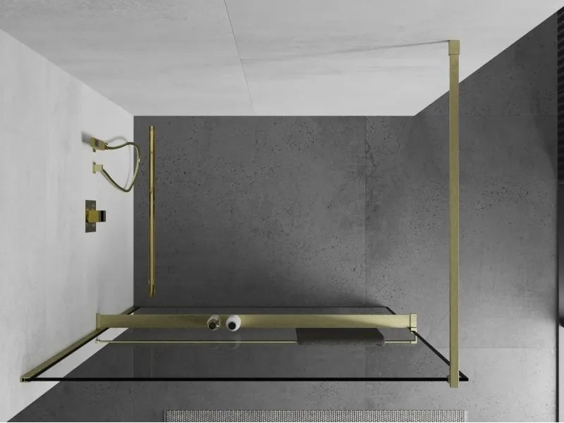 Mexen Kioto+, sprchová zástena Walk-In s poličkou a vešiakom 120 x 200 cm, 8mm číre sklo čierny vzor, zlatý matný profil, 800-120-121-55-70