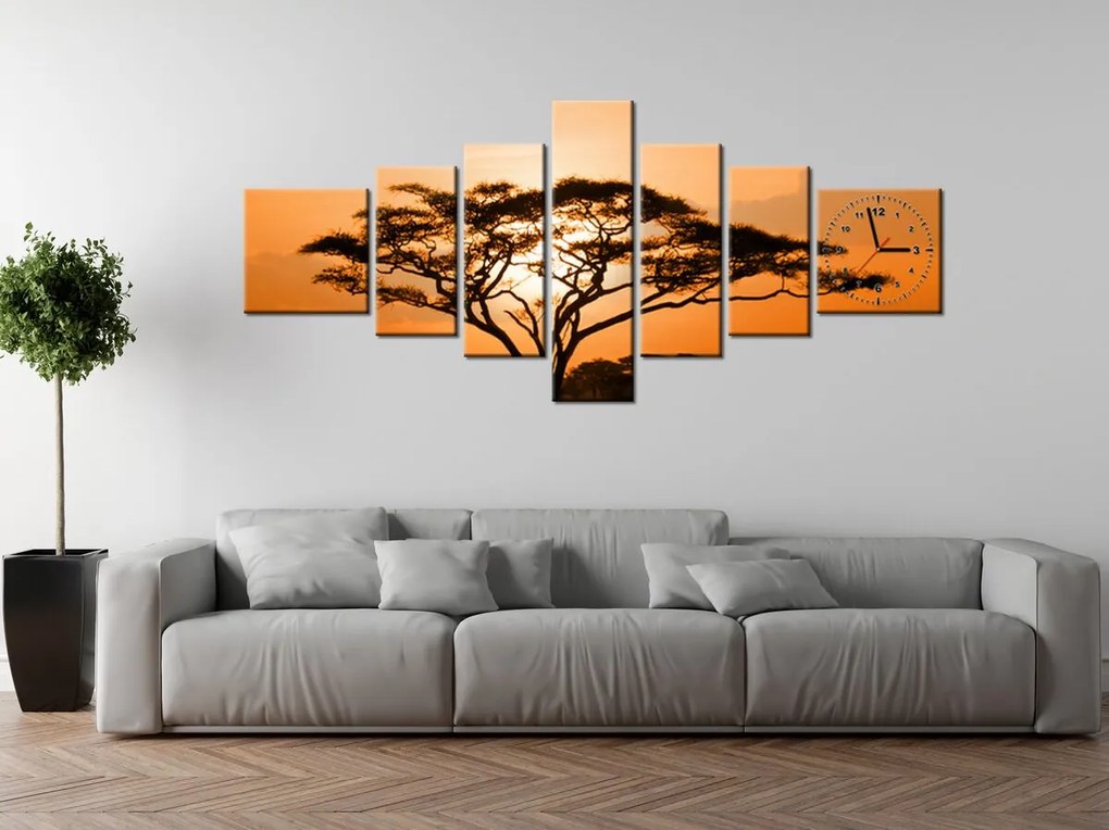 Gario Obraz s hodinami Nádherná africká krajina - 7 dielny Rozmery: 210 x 100 cm