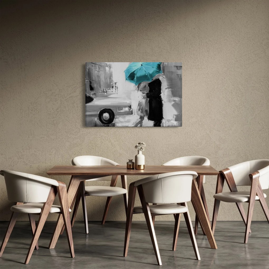 Obraz - Zamilovaný pár s dáždnikom, modrý (90x60 cm)