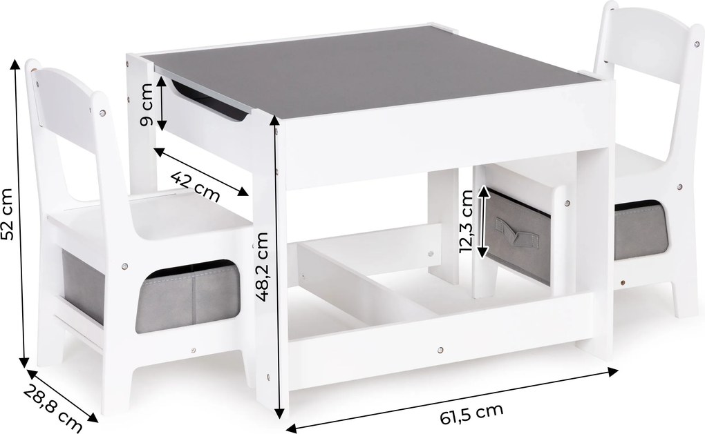Detský set: stolík s obojstrannou tabuľou + 2 stoličky ECOTOYS (MDF, úložný priestor)