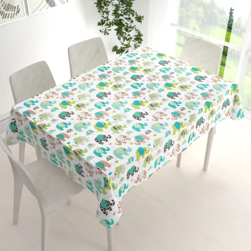 Biante Detský bavlnený obdĺžnikový obrus Sandra SA-035 Zelené sloníky na bielom 60x100 cm