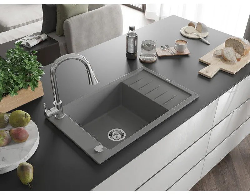 Mexen Elias, 1-komorový granitový drez 795x480x200 mm a drezová batéria Elia, šedá, 6511-71-670101-00