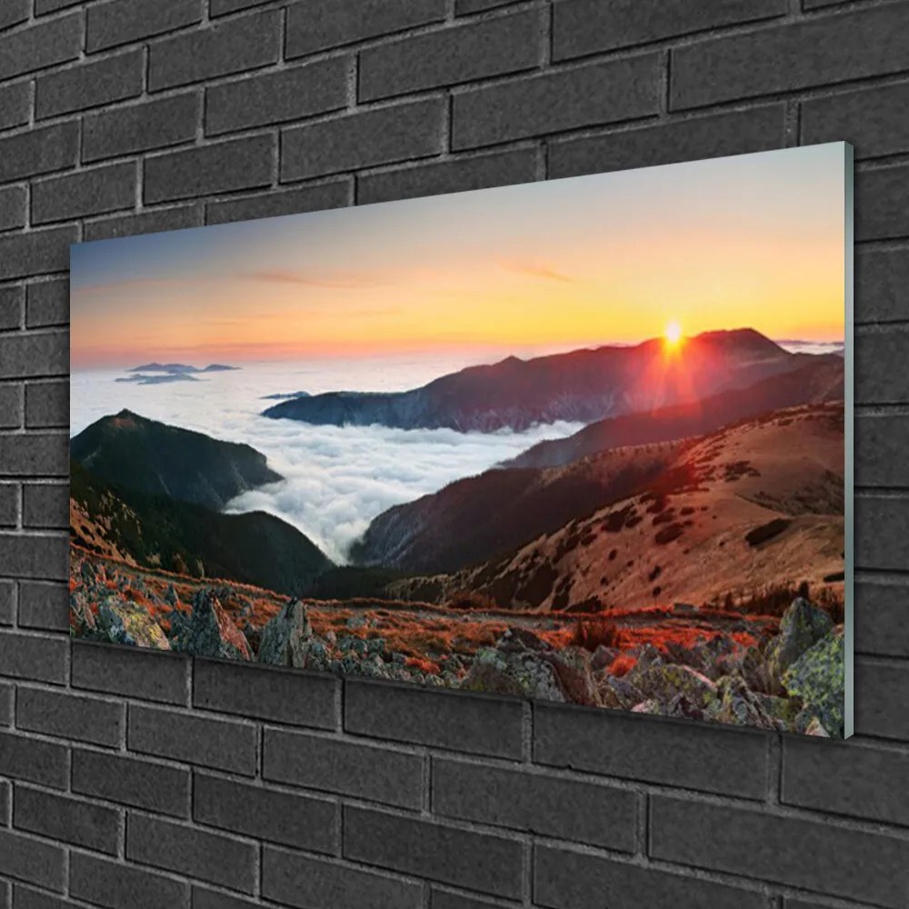 Skleneny obraz Hory mraky slnko krajina 125x50 cm