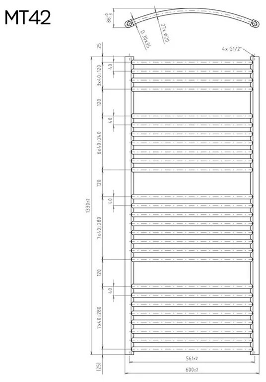 Mereo, Vykurovací rebrík 450x1690 mm, oblý, biely, MER-MT33