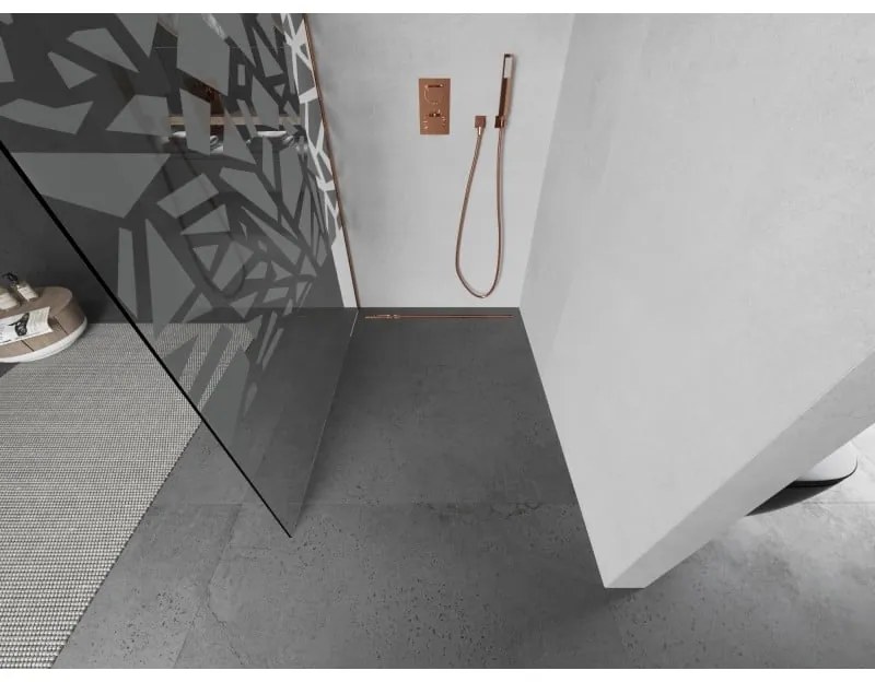 Mexen Kioto, sprchová zástena Walk-In 120 x 200 cm, 8mm číre sklo biely vzor, medený matný profil, 800-120-101-65-85