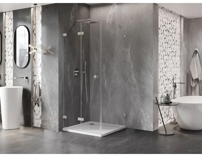 Mexen Lunar-F, 1-krídlový sprchový kút so skladacími dverami, ľavý, 90 x 80 cm, 8mm číre sklo, brúsená oceľ profil, 836-090-080-97-00-L