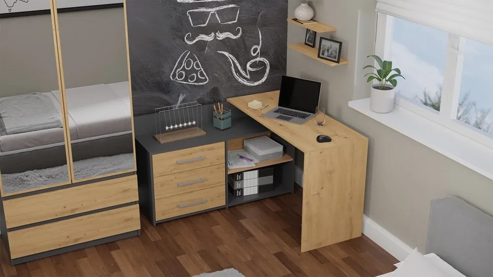 Rohový pc stolík Debio 1 (antracit + dub artisan). Akcia -18%. Vlastná spoľahlivá doprava až k Vám domov. 1132463