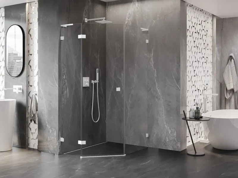Mexen Lunar, L päťuholníkový sprchový kút naklápací doľava 80 x 100 cm, 8mm číre sklo, biely profil, 831L-080L-100P-20-00-L