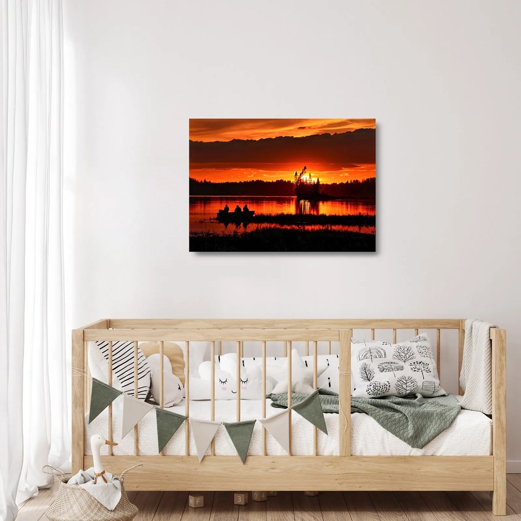 Sklenený obraz - Rybári na jazere (70x50 cm)