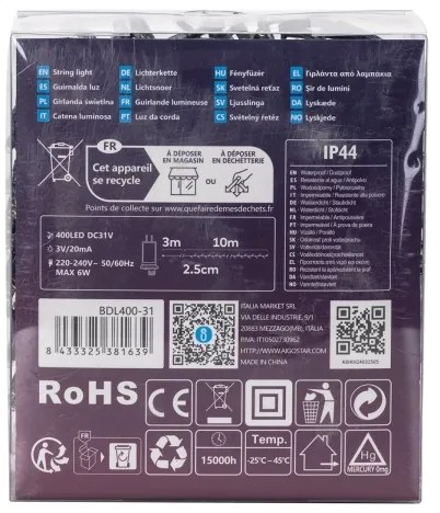 Aigostar - LED vonkajší vianočný reťazec 400xLED/8 funkcií 13m IP44 studená biela