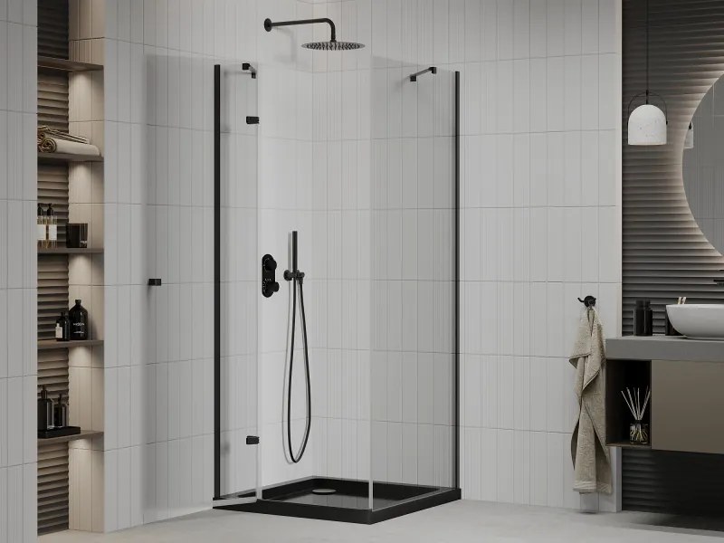 Mexen Roma, sprchovací kút s 1-krídlovými dverami 90 (dvere) x 90 (stena) cm, 6mm číre sklo, čierny profil, slim sprchová vanička 5cm čierna s čiernym sifónom, 854-090-090-70-00-4070B
