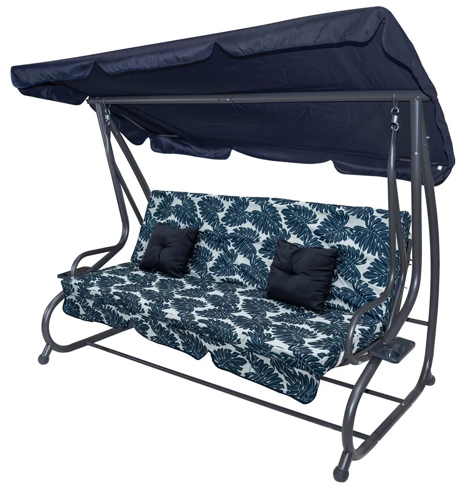 Záhradná hojdačka so strieškou, skladacia 2x1 so vzorom listov, námornícka modrá