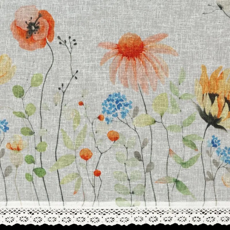 Dekorstudio Kuchynská záclonka NATI zdobená kvetinovou potlačou a čipkou 150 x 30 cm