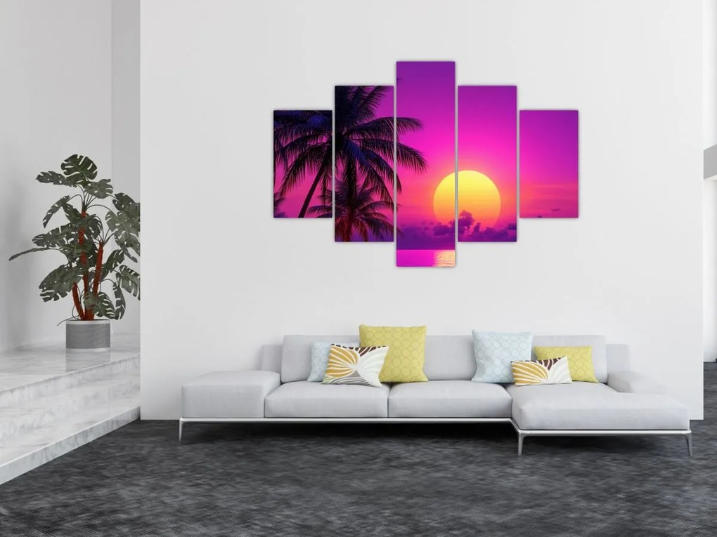 Obraz - Fialový západ s palmou (150x105 cm)