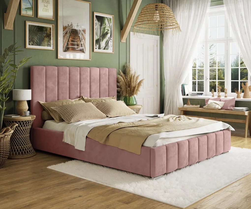 ANGIE 140X200 ČALÚNENÁ MANŽELSKÁ POSTEĽ STARORUŽOVÁ LÁTKA S ÚLOŽNÝM PRIESTOROM