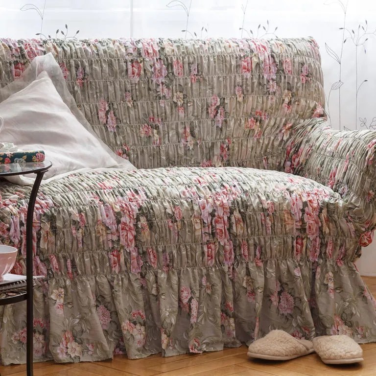 Napínacie poťahy s volánom FIORELA zelená dvojkreslo (š. 110 - 170 cm)
