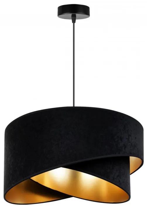 Elegantné závesné svietidlo vo velúrovej čiernej farbe so zlatým stredom