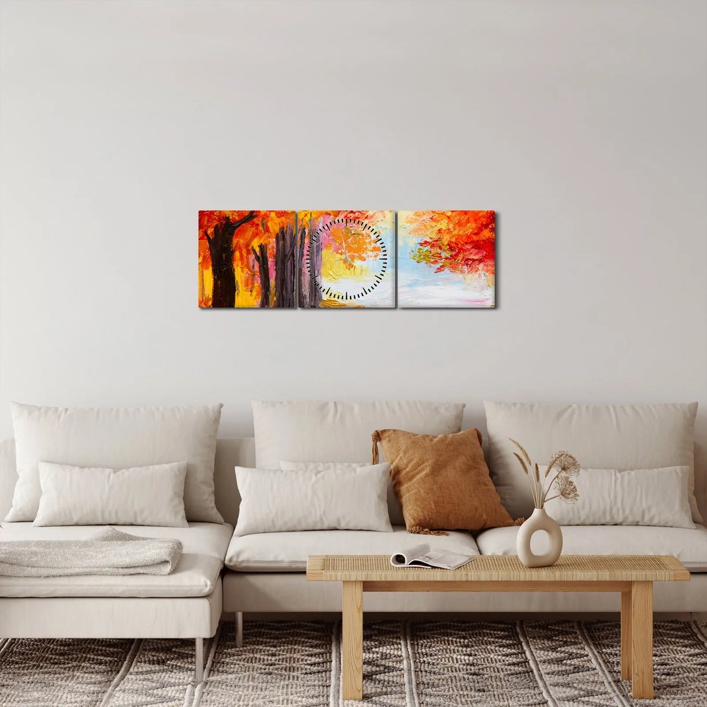 Obraz - Olejomaľba, farebná jeseň (s hodinami) (90x30 cm)