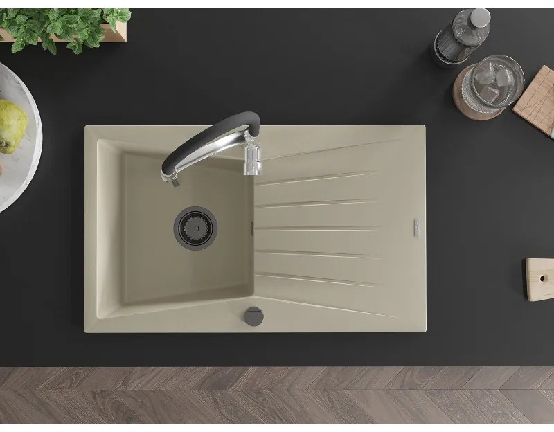 Mexen Cesar, 1-komorový granitový drez 775x470x190 mm a drezová batéria Aster, béžová, 6514-69-73450-07-B
