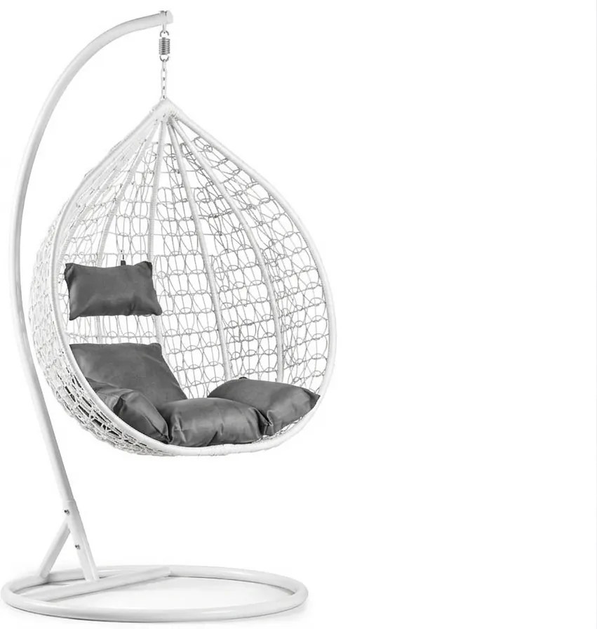 Biele závesné kreslo KOKON so stojanom, sivý vankúš
