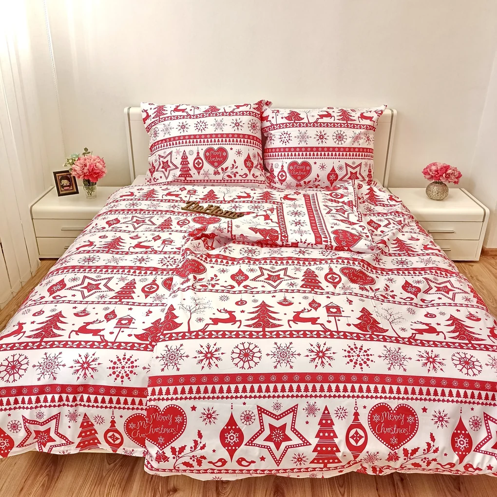 Obliečky bavlnené Vianočné obliečky Christmas červené TiaHome - 1x Vankúš 90x70cm, 1x Paplón 140x200cm