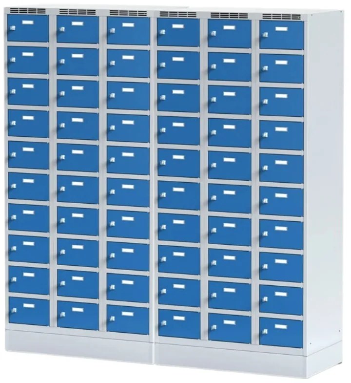 Šatníková skrinka S6 na sokli s úložnými boxami, 30 boxov, 1920 x 900 x 500 mm, otočný zámok, sivé dvere