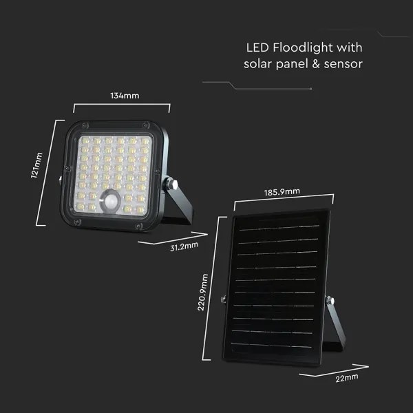 LED stmievateľný solárny reflektor so senzorom LED/10W/3,7V 4000/6000K IP65 + DO