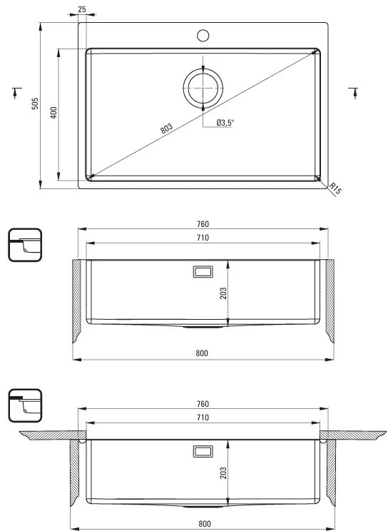 Deante Olfato, 1-komorový nerezový drez 760x505x203mm, oceľová, DEA-ZPO_010C