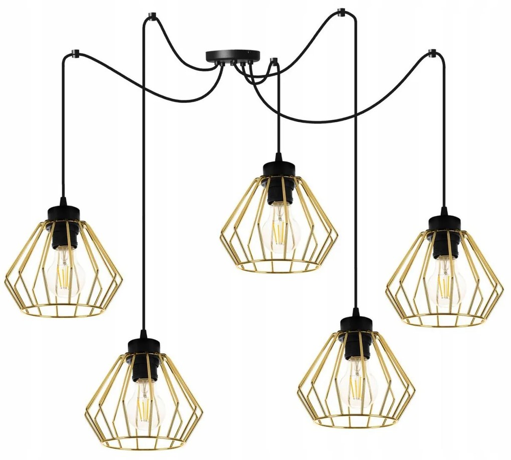 Závesné svietidlo Nuvola Spider 1, 5x zlaté drôtené tienidlo