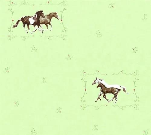Detské vliesové tapety na stenu Little Stars 35837-1, rozmer 10,05 m x 0,53 m, kone na zelenom podklade, A.S.Création