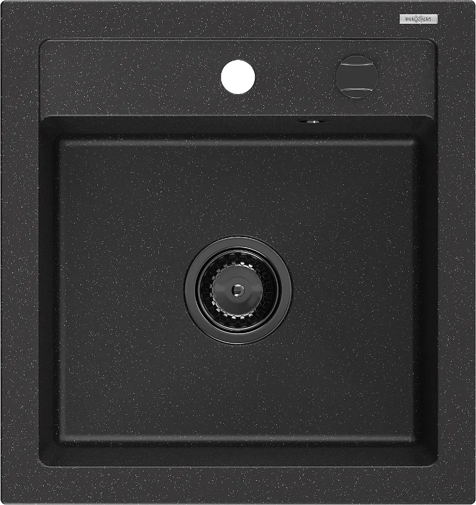 Mexen Vito, granitový drez 520x490x210 mm, 1-komorový, čierna-strieborná metalíza s čiernym sifónom, 6503521000-73-B
