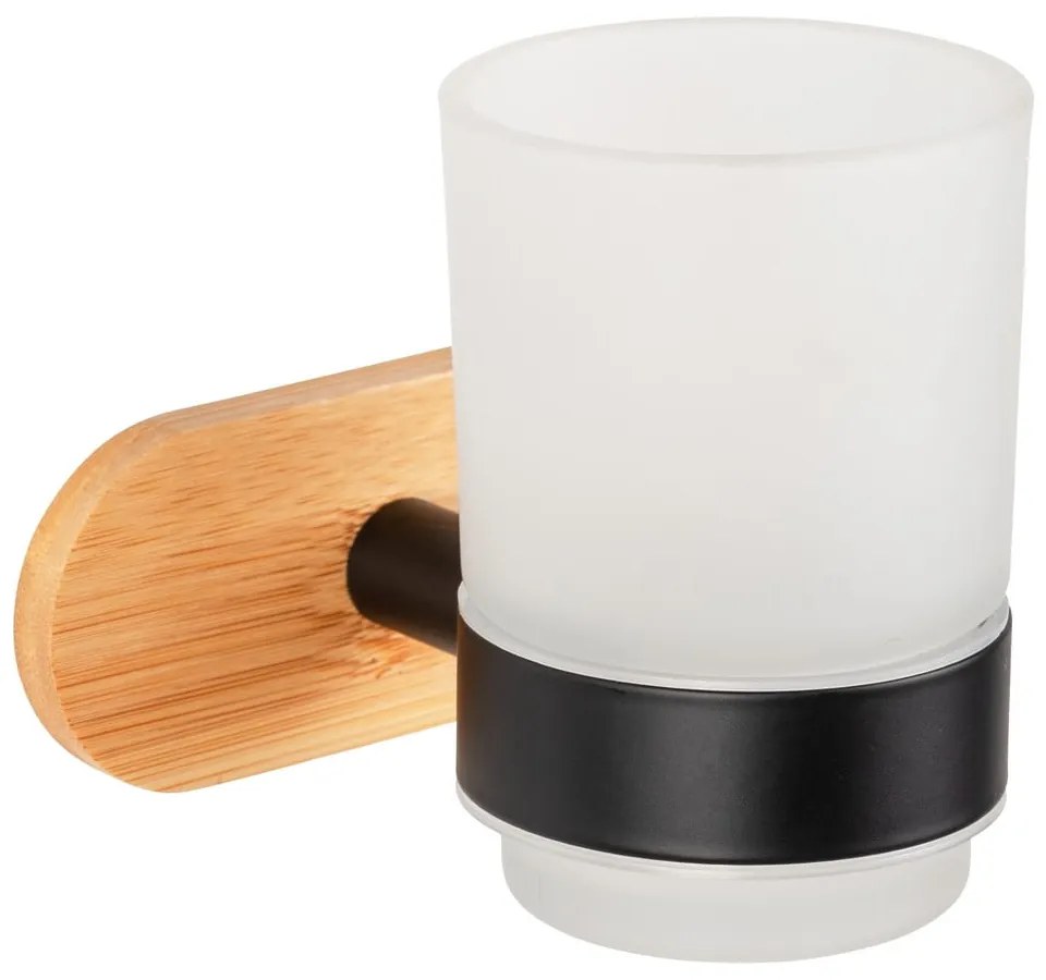 Samodržiaci sklenený téglik na zubné kefky v čiernej a prírodnej farbe Orea Bamboo – Wenko