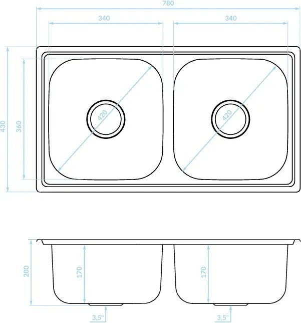 Kuchinox STANDARD, 2-komorový oceľový kuchynský drez 780x430x170 mm, SKS_020T