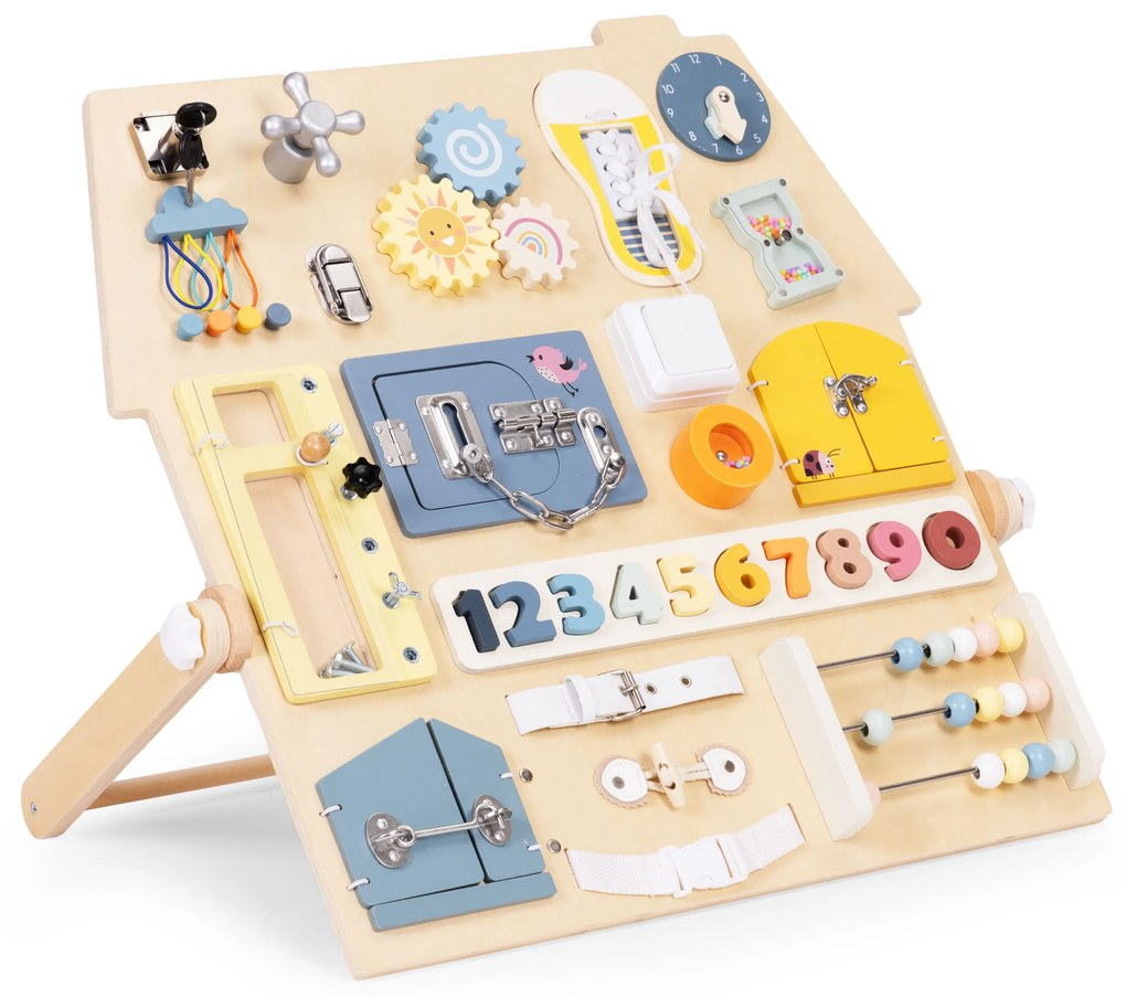 ECOTOYS Veľká drevená senzorická manipulačná tabuľa pre deti vzdelávací panel XL