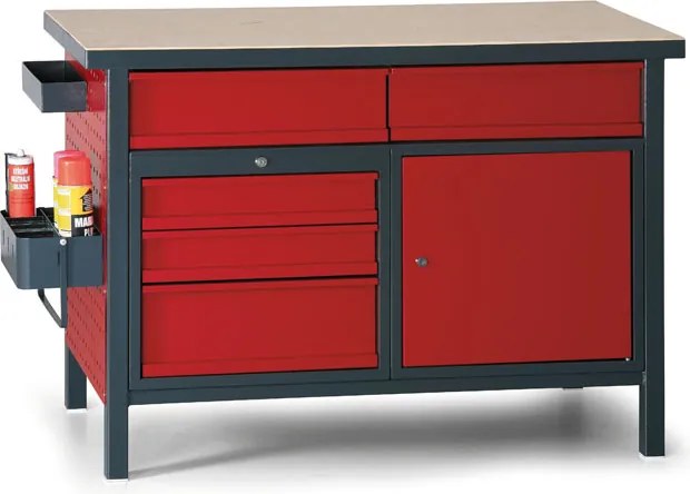 Dielenský pracovný stôl GD, 5 zásuviek, smrek + buková preglejka, 5 zásuviek, 1 skrinka, 1190 x 600 x 850 mm, grafit / červená