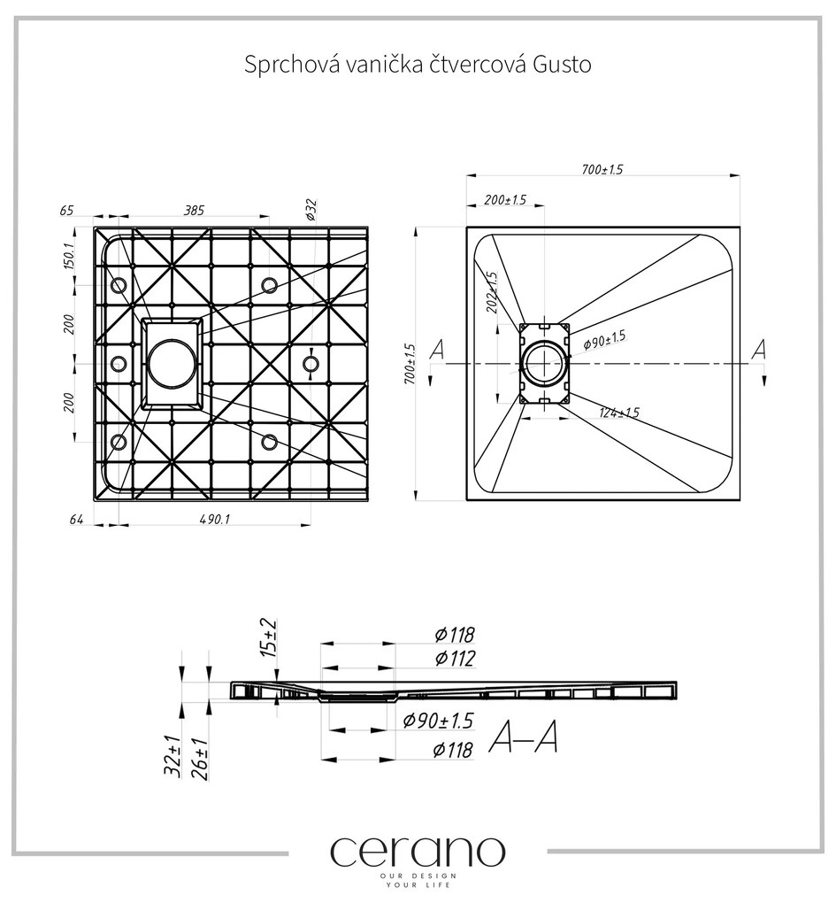 Cerano Gusto, štvorcová sprchová vanička 70x70x3 cm z minerálneho kompozitu, čierna matná, CER-CER-414554