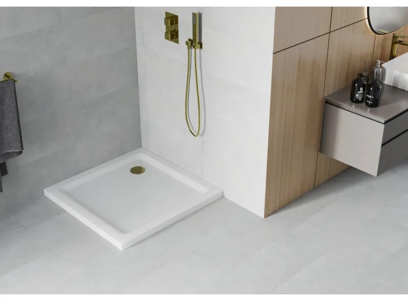 Mexen SLIM - Štvorcová sprchová vanička 90x90x5cm + zlatý sifón, biela, 40109090G