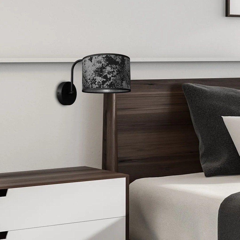 Nástenné svietidlo Satino Round, 1x čierne/strieborné textilné tienidlo, b